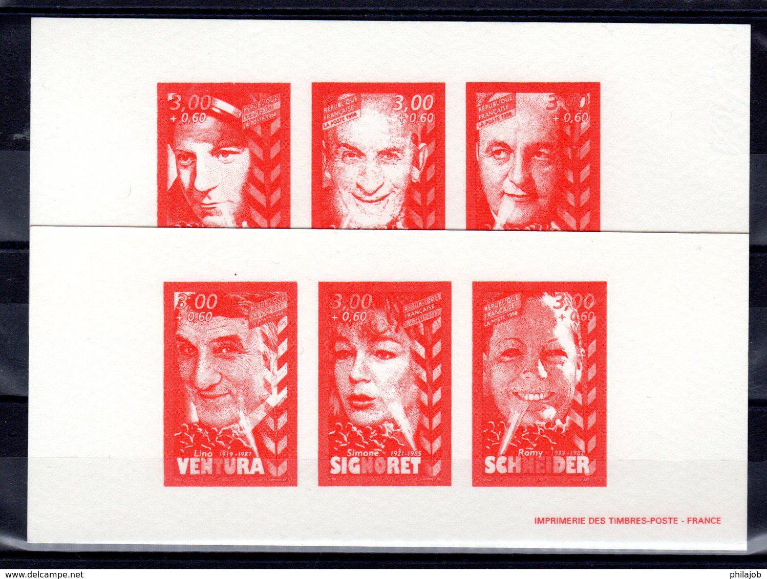 " SCHNEIDER / SIGNORET / GABIN / DE FUNES / BLIER / VENTURA " Sur 2 Gravures Officielles De 1998. N° YT 3187 à 3192 - Documents De La Poste