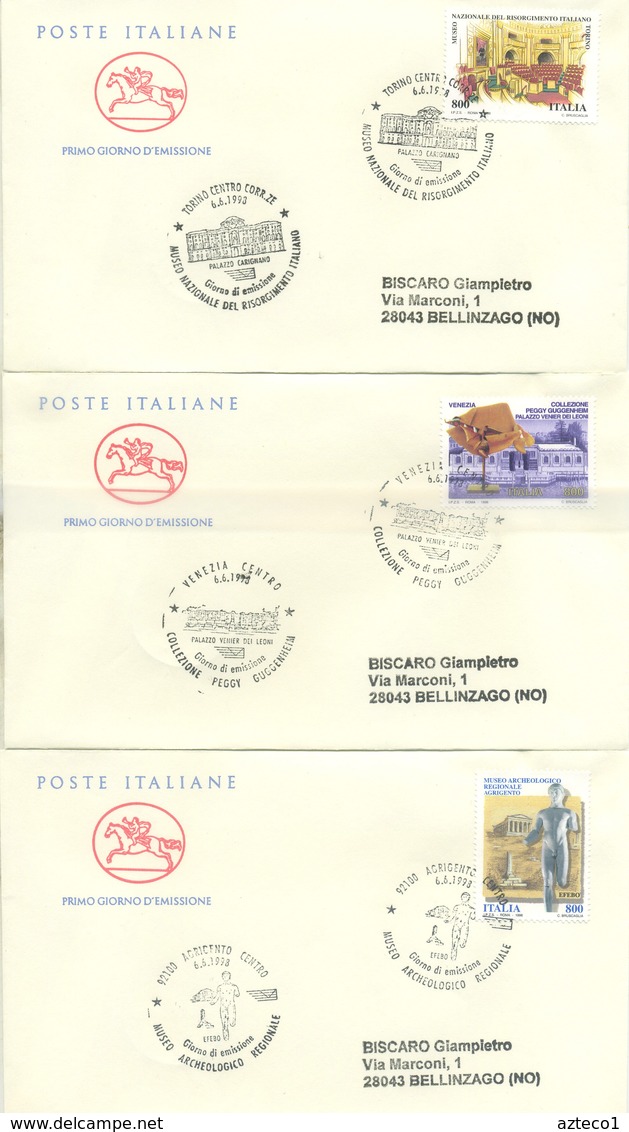 ITALIA - FDC  CAVALLINO 1998 - MUSEI ITALIANI - TORINO - AGRIGENTO - VENEZIA - ANNULLI SPECIALI - FDC