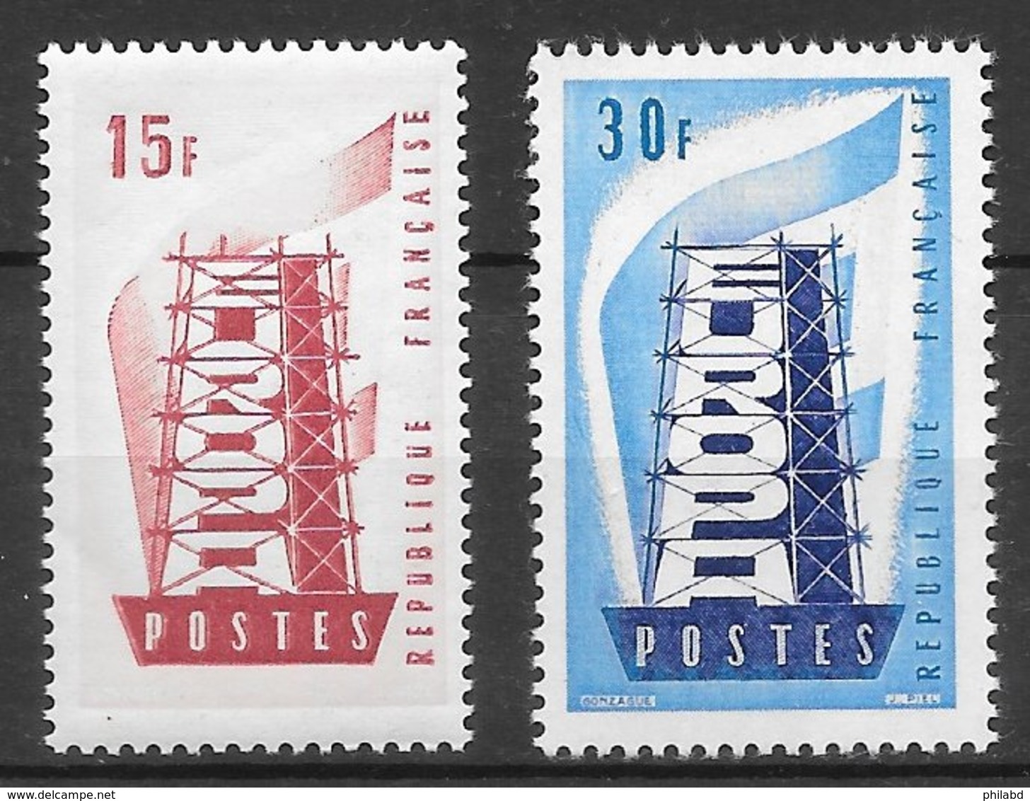 France N°1076 15F Rose & Grenat & N°1077 30F Bleu Foncé & Bleu 1956 (Europa) ** - Ongebruikt