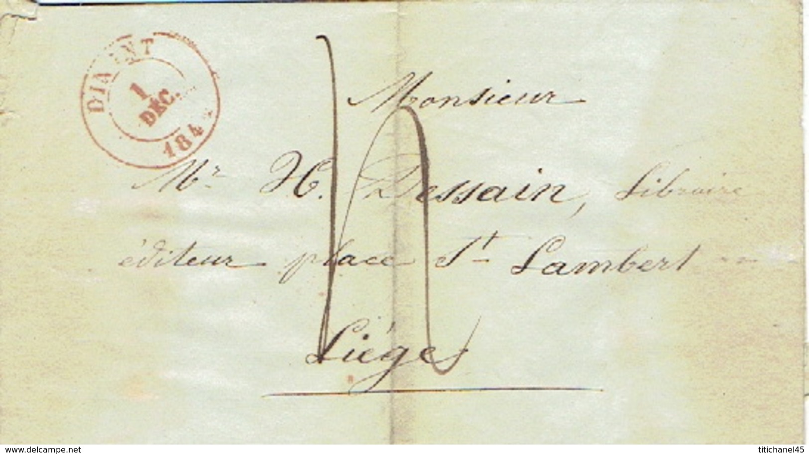 LAC De DINANT 01/12/1844 Vers LIEGE  H. DESSAIN éditeur-imprimeur - Signé DELPLACE-HAIRS Imprimeur-éditeur à DINANT - 1830-1849 (Belgique Indépendante)