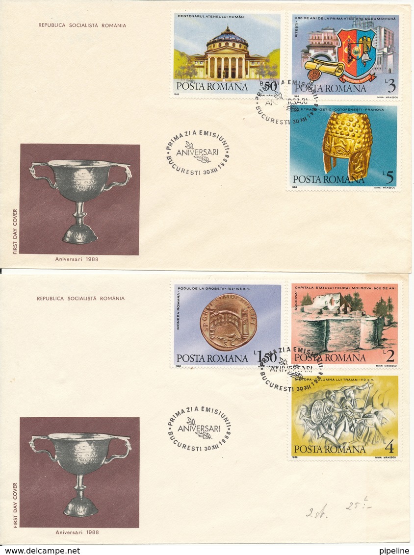 Romania FDC 30-12-1988 Archaeology Complete Set Of 6 On 2 Covers With Cachet - FDC