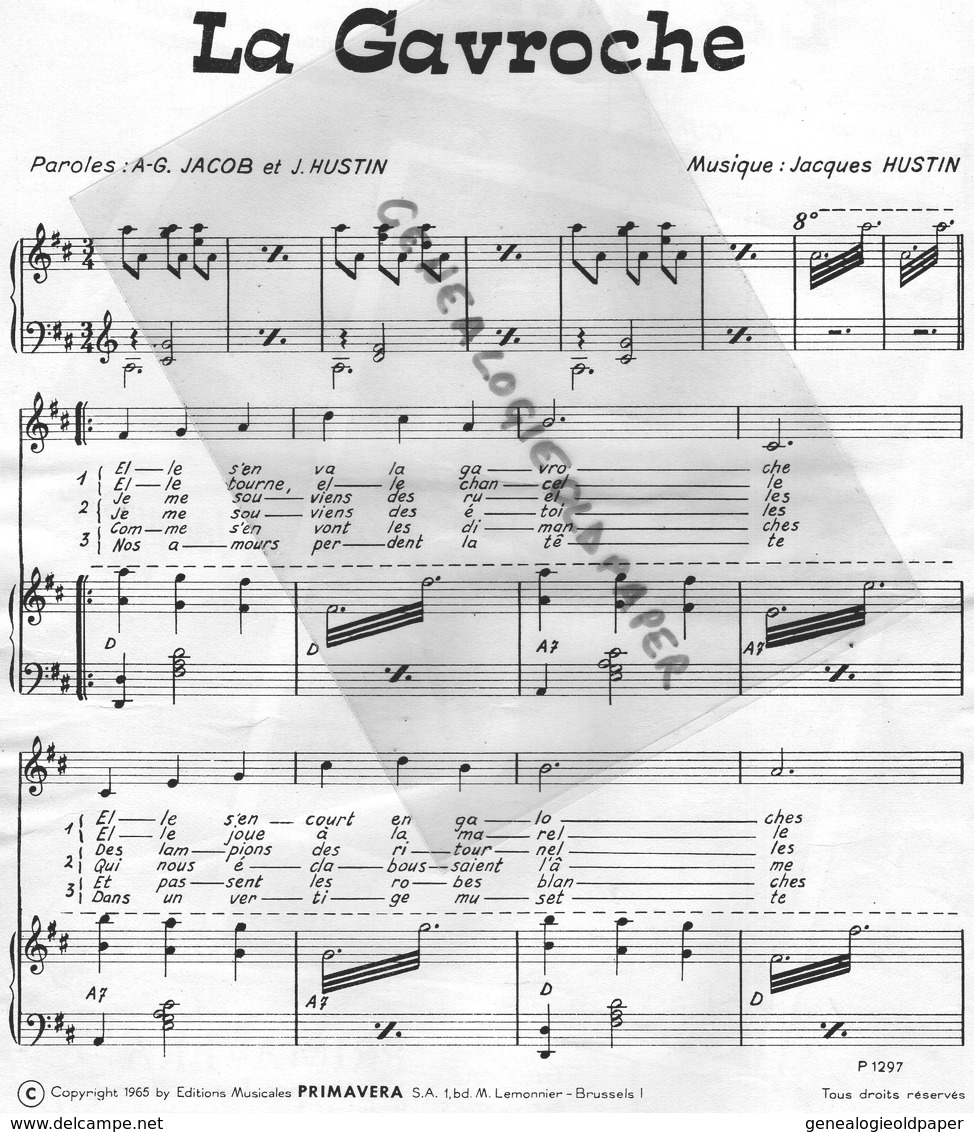 BELGIQUE- RARE PARTITION MUSIQUE LA GAVROCHE-JACQUES HUSTIN-RENE FOURRE-JACOB-EDITIONS PRIMAVERA BRUSSELS-BRUXELLES-1965 - Scores & Partitions