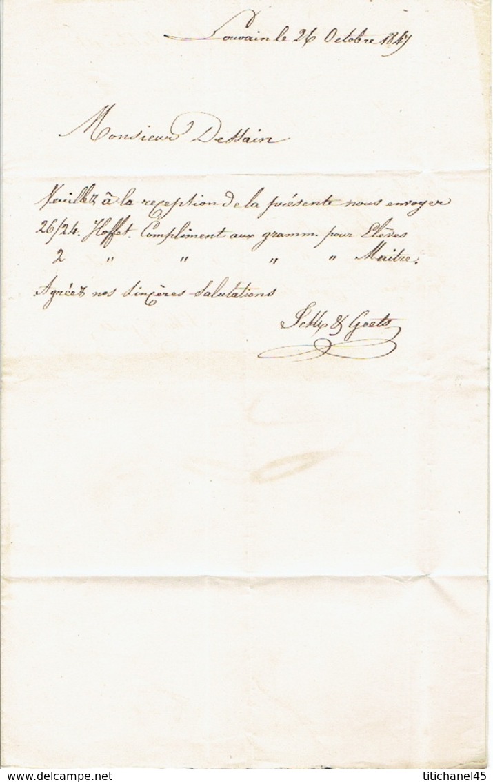 LAC De LOUVAIN Du 27/10/1847 Vers LIEGE  H. DESSAIN Editeur-imprimeur - Port De 4 Décimes - Signé ICKX Et GEETS - 1830-1849 (Belgique Indépendante)