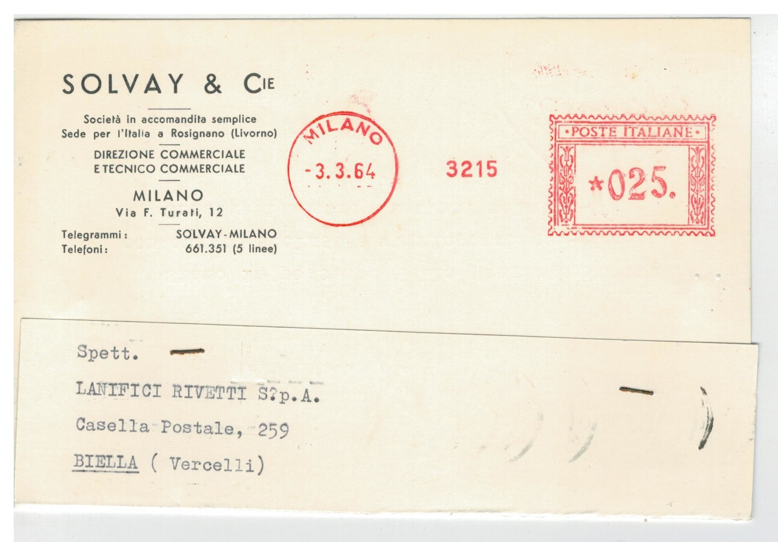 Cartolina Commerciale Milano - Solvay & C. Sede Per L'Italia A Rosignano - Milano