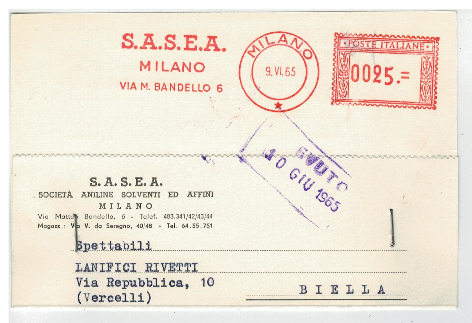 Cartolina Commerciale Milano - S.A.S.E.A. Società Aniline Solventi Ed Affini - Milano