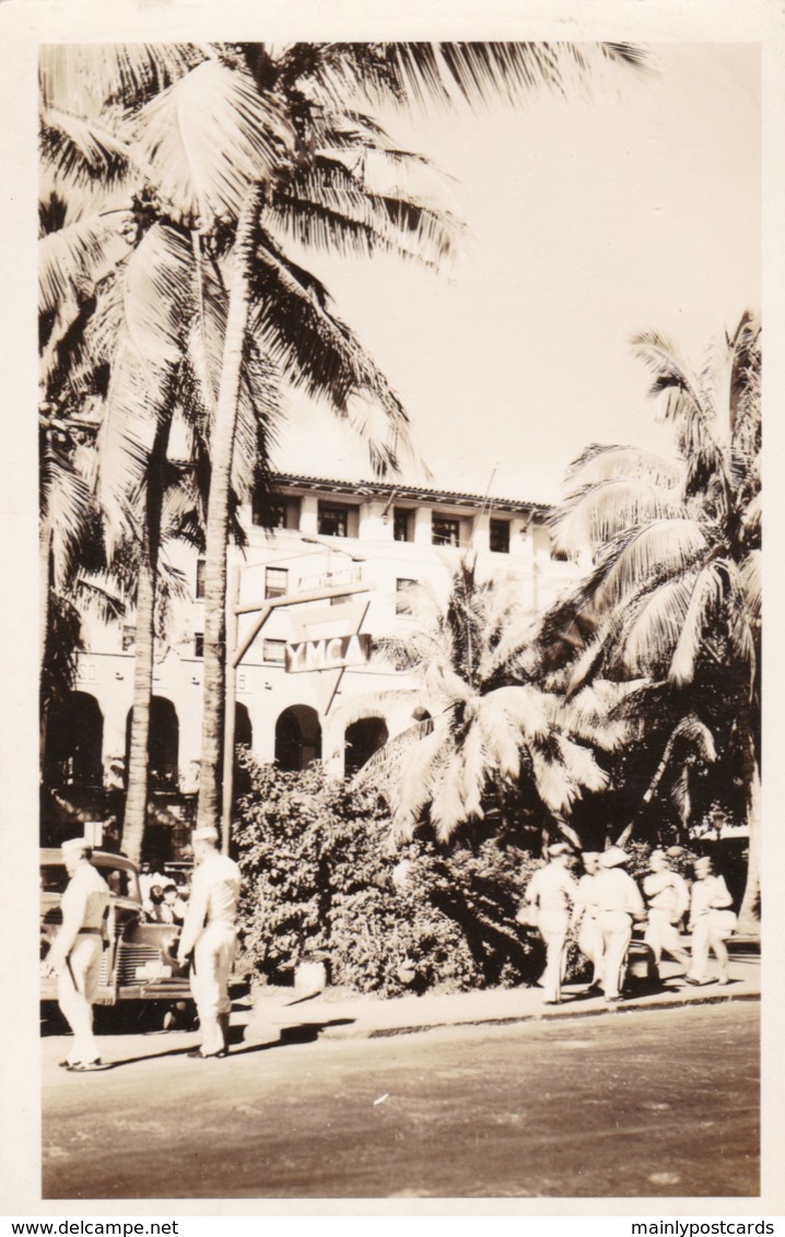 AP18 RPPC - YMCA Building - Soldiers, Vintage Truck, Palm Trees, Unknown Location - Photographs