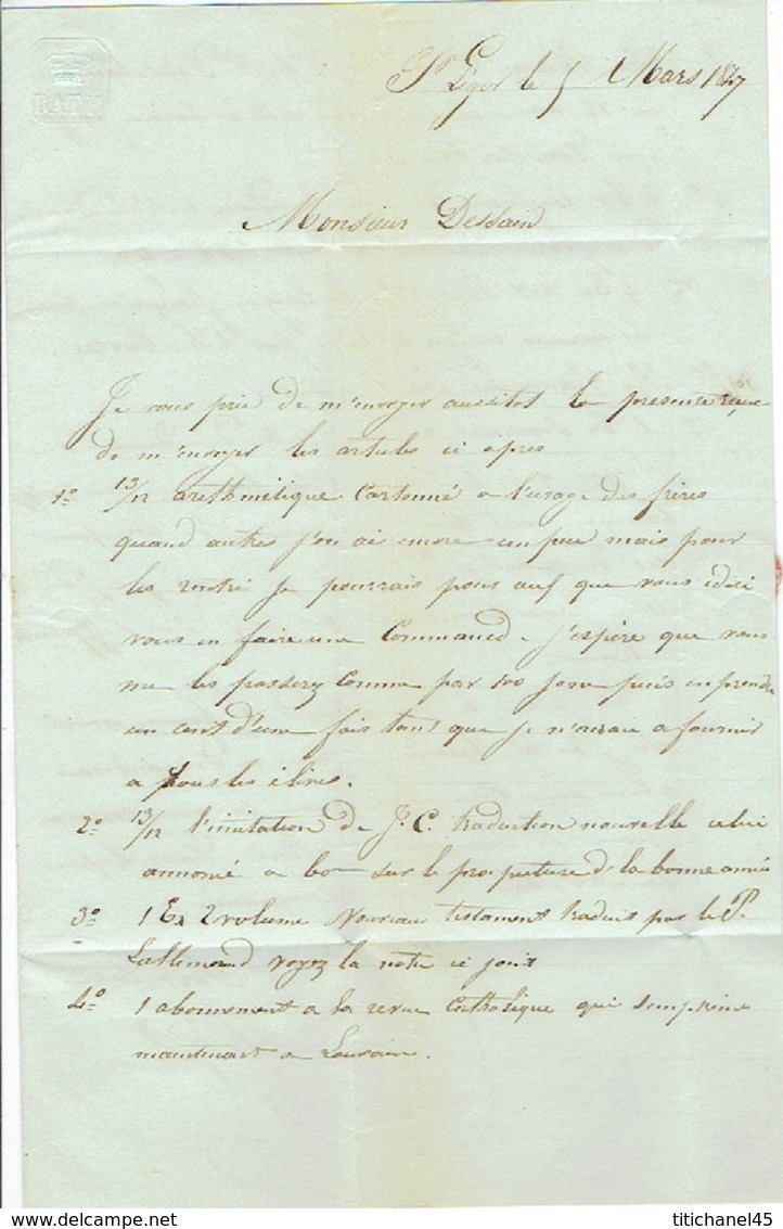 LAC Du 05/031844 Avec T18 De SAINT-LEGER Vers LIEGE H. DESSAIN Imprimeur - Cachet De BRAY MONNEAU Libraire à ST-LEGER - 1830-1849 (Belgique Indépendante)