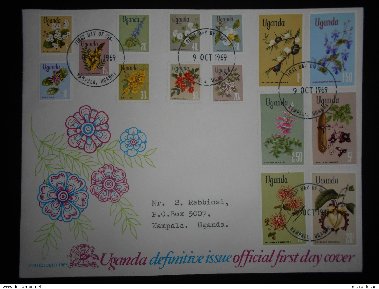 Ouganda Fdc 1969 Kampala ,serie Fleurs 15 Timbres , Joli Document - Ouganda (1962-...)