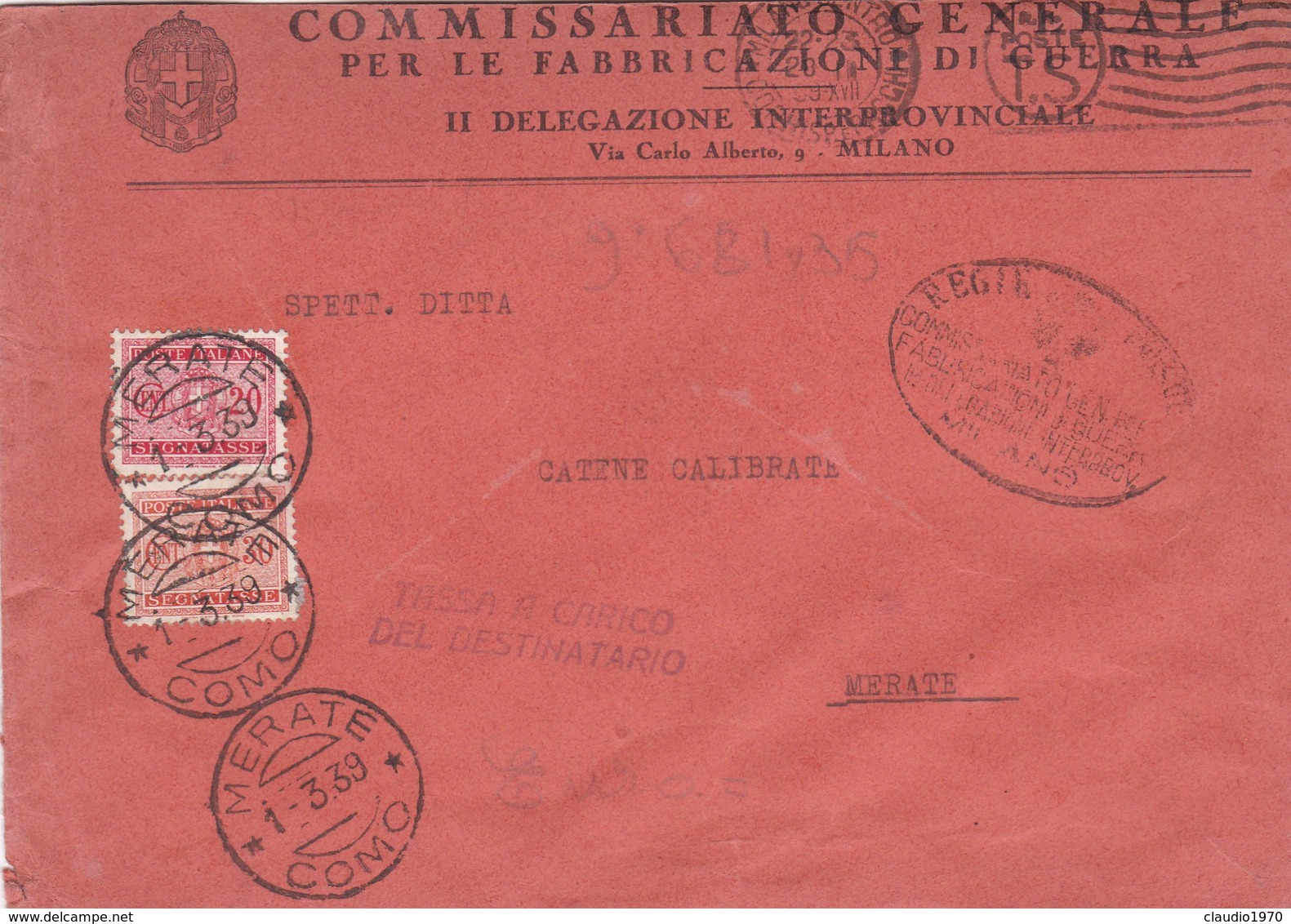 BUSTA VIAGGIATA - COMMISSARIATO GENERALE PER LE FABBRICAZIONE DI GUERRA II DELEGAZIONE INTERPROVINCIALE MILANO - Postage Due