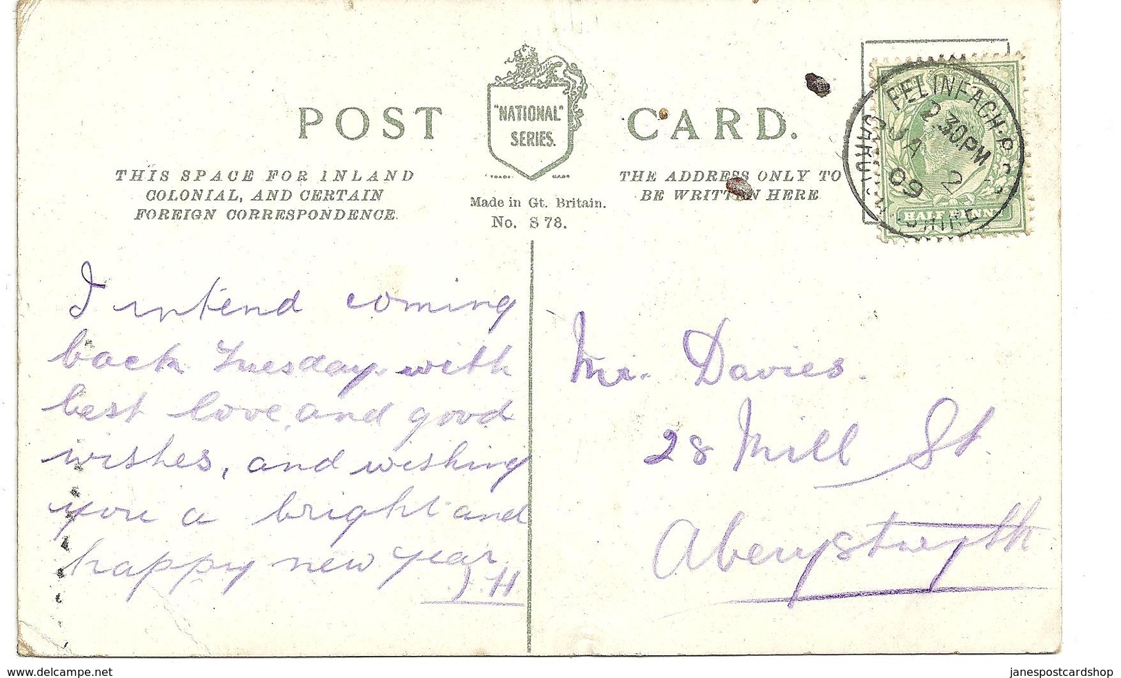 FELINFACH R.S.O. RAILWAY POSTMARK - CARDIGANSHIRE - On HEARTY GREETINGS POSTCARD - Postmark Collection