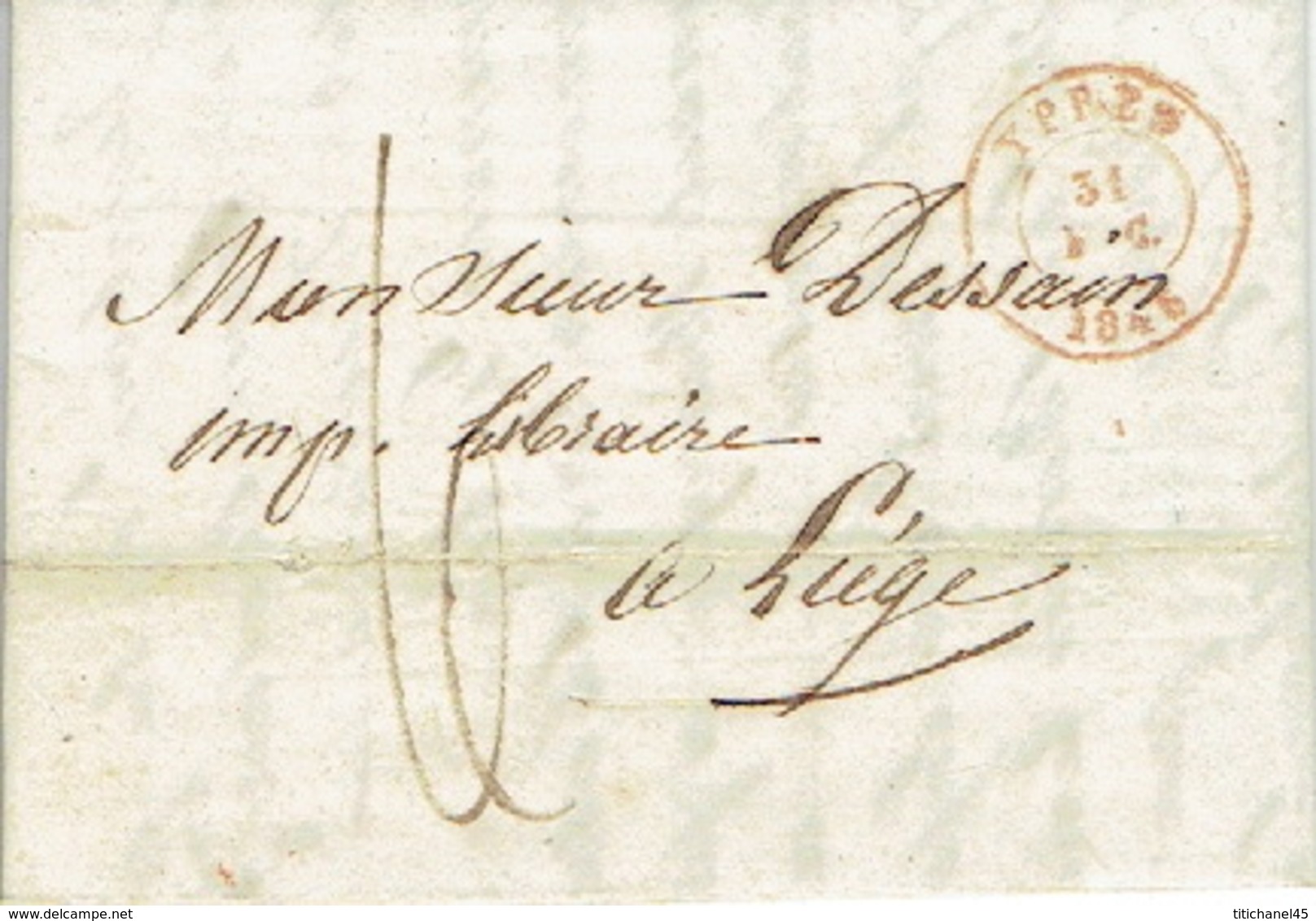 LAC  Du  31/12/1846 De YPRES Naar LIEGE H. DESSAIN Drukker - Getekent LAMBIN VERWAERT Drukker Te IEPER - 1830-1849 (Belgique Indépendante)