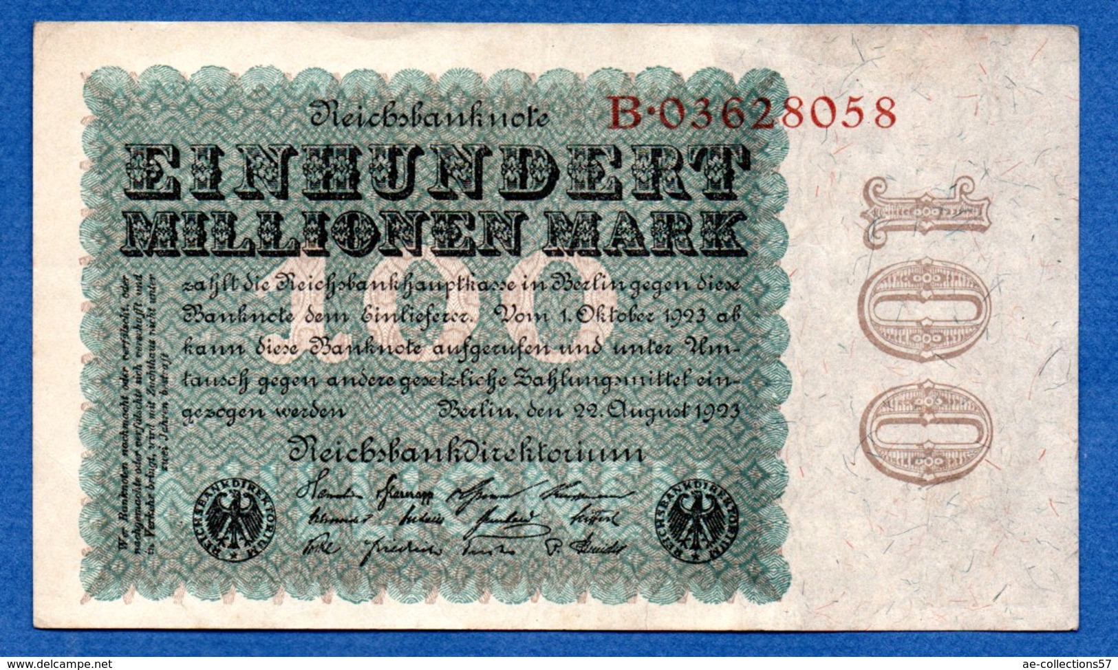 Allemagne  -  100 Millionen   Mark  22/8/1923 - Pick # 107  -  état  TB+ - 100000 Mark