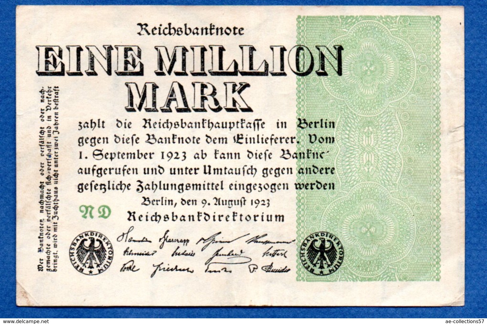 Allemagne  - 1 Millionen  Mark      9/8/1923   - Pick # 102 -  état  TTB - 1 Mio. Mark