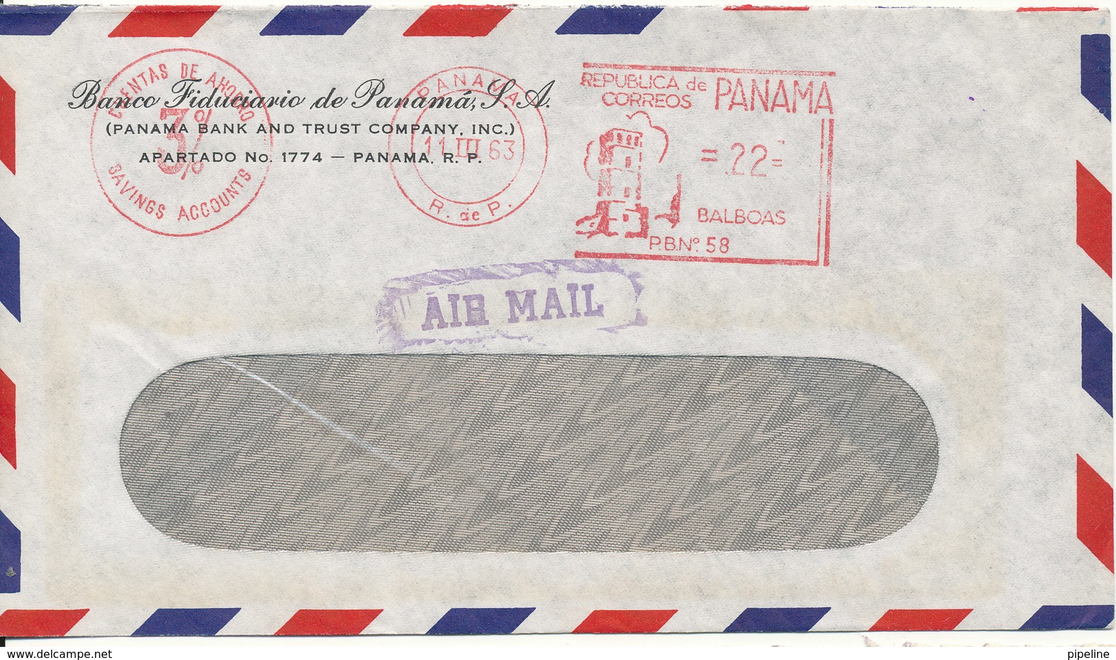 Panama Air Mail Bank Cover With Meter Cancel 11-3-1963 - Panama