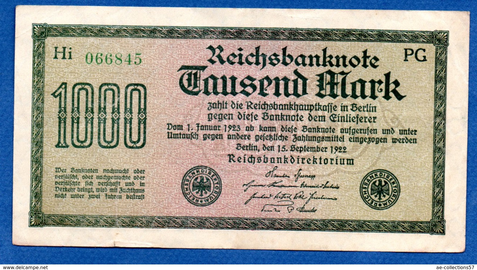 Allemagne  - 1000 Mark     15/9/1922   - Pick # 76 -  état  TTB+ - 100000 Mark