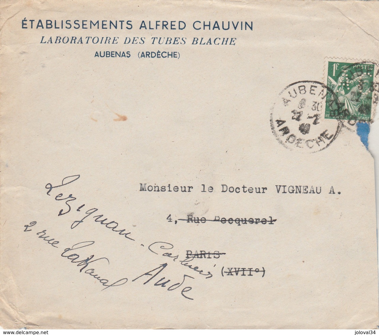 Yvert 432 Iris Sur Lettre Perforé AC Ets Alfred Chauvin Laboratoire Aubenas Ardèche 1940 - Other & Unclassified