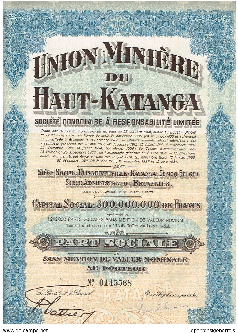 Ancienne Action - Union Minière Du Haut Katanga - Titre De 1937 - N°0145568 - Afrique