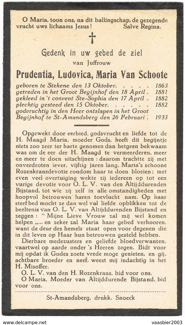 STEKENE - ST. AMANDSBERG ,  Doodsprentje Van Begijn Prudentia Ludovica Maria VAN SCHOOTE  - BEGIJNHOF Te Gent + 1933 - Religion & Esotericism