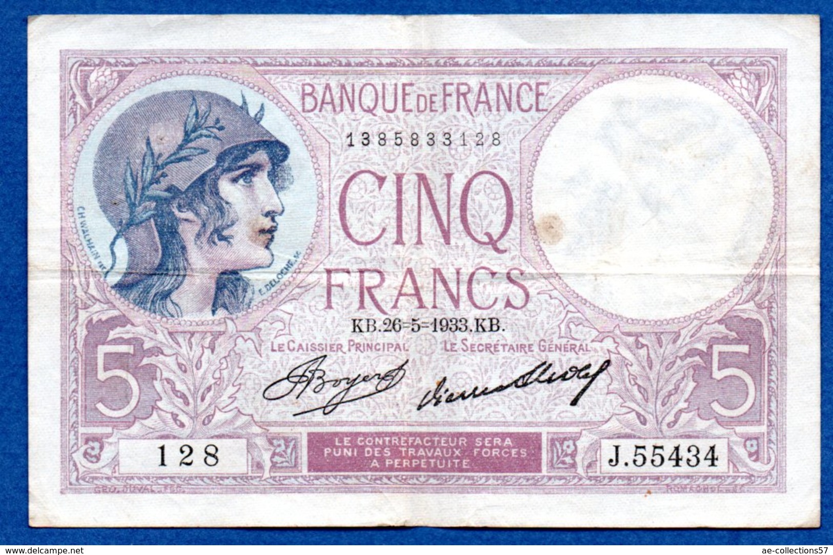 Violet  -  5 Francs 26/5/1933  - état  TB+ - 5 F 1917-1940 ''Violet''