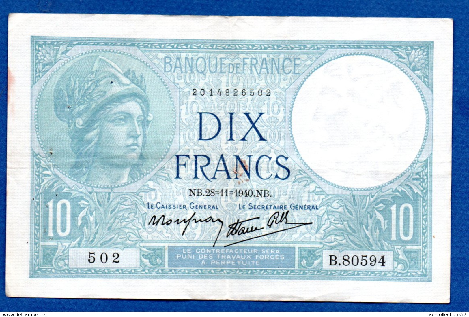 Minerve  -  10 Francs   28/11/1940  - état  TTB+ - 10 F 1916-1942 ''Minerve''