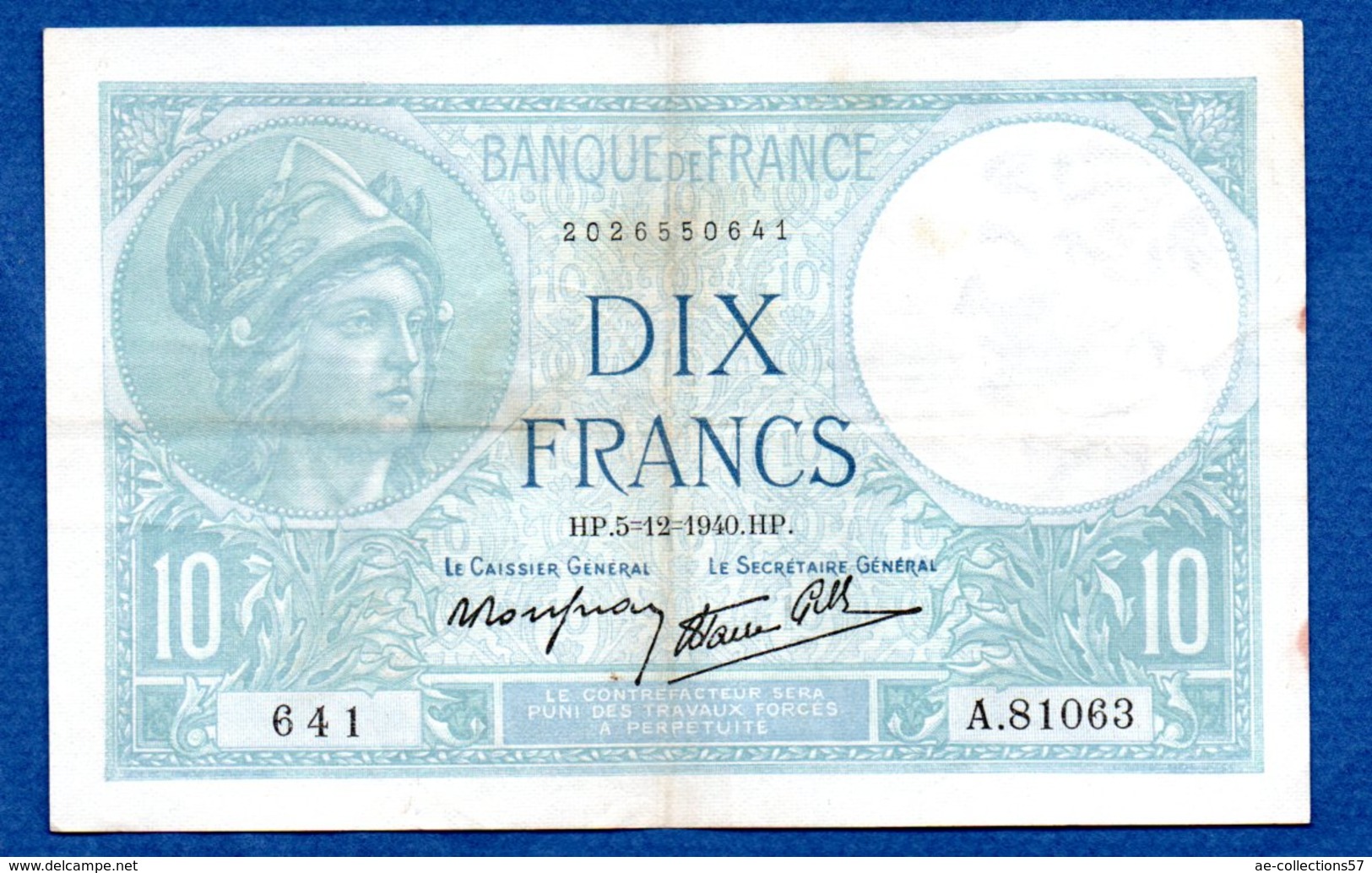 Minerve  -  10 Francs  5/12/1940 - état  TB+ - 10 F 1916-1942 ''Minerve''