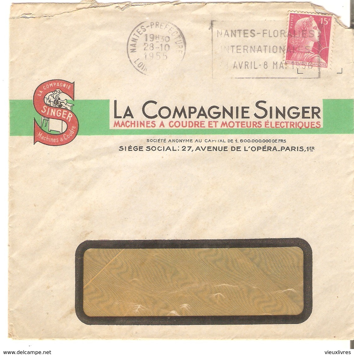 Singer Enveloppe Publicitaire 1955 Accompagnée Lettre De Livraison D'un Moteur Machine à Coudre Cachet Nantes - Textile & Vestimentaire