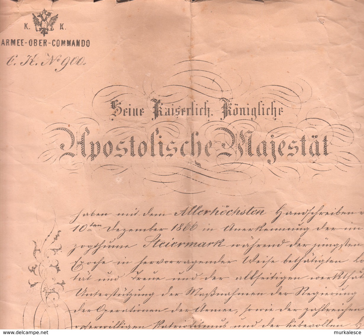 2991     SLOVENIJA   CELJE   K.U.K  ARMEE-OBER -COMMANDO  WIEN 1866  Apostolische Majestät - Documents