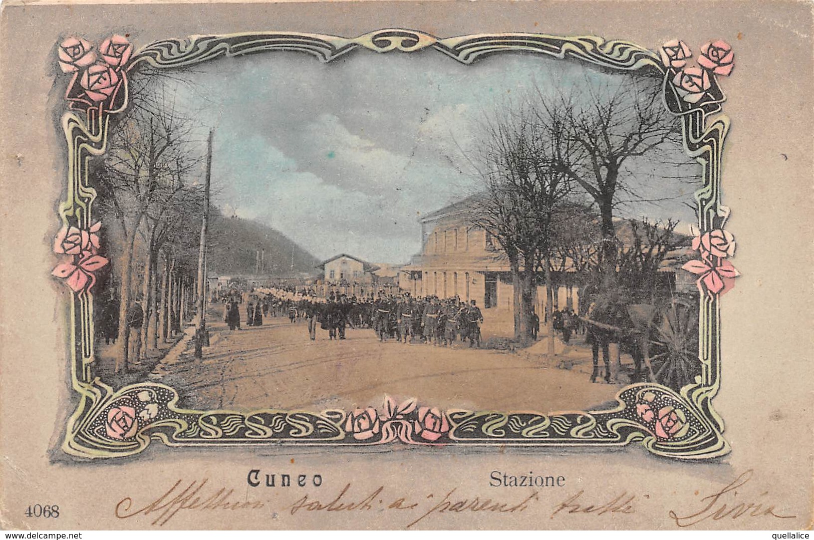 0570 "CUNEO - STAZIONE" ANIMATA, MILITARI, CARRO CON CAVALLO. CART  SPED 1906 - Cuneo