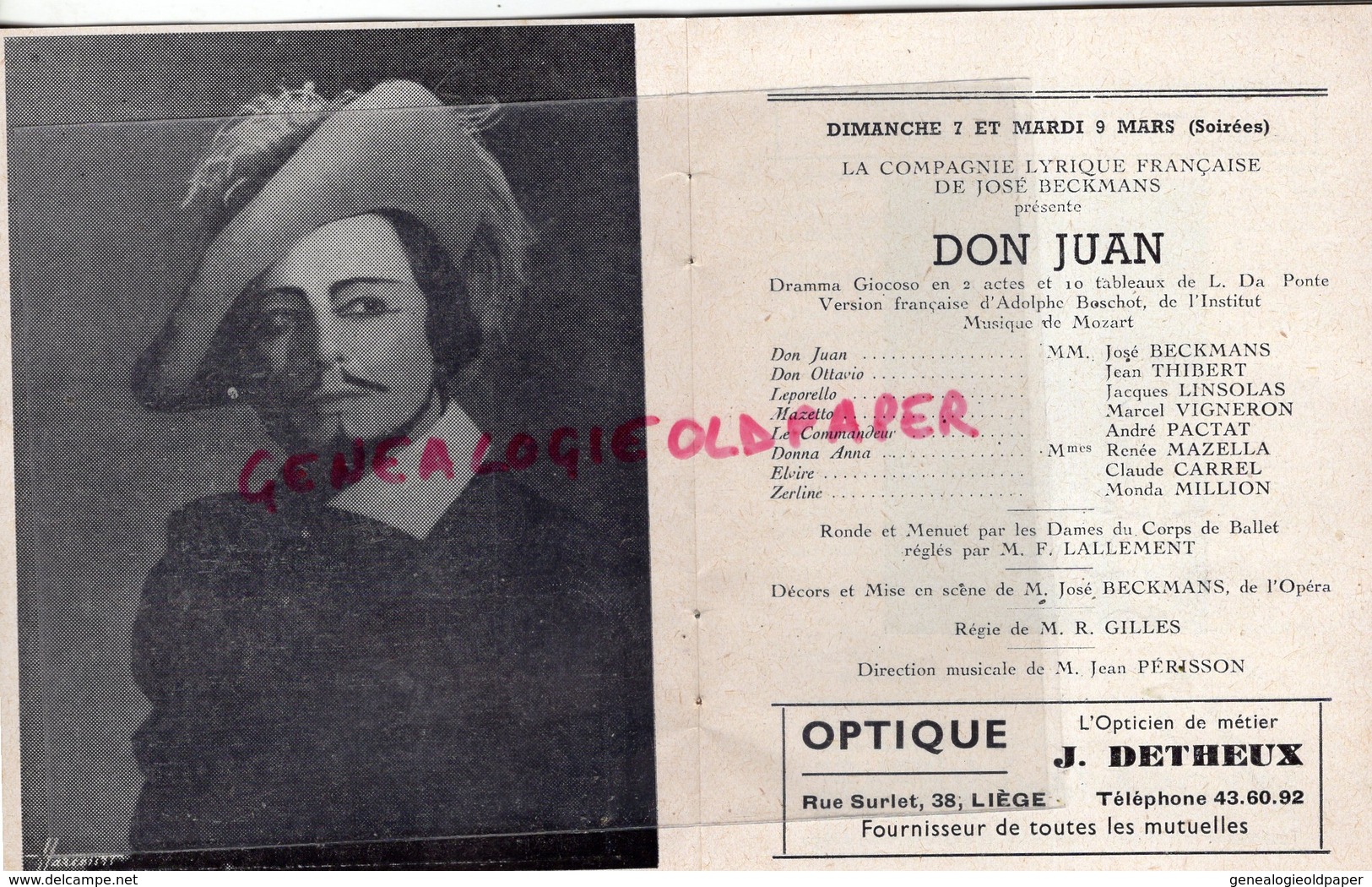 BELGIQUE -RARE PROGRAMME THEATRE ROYAL DE LIEGE-OPERA-LE TROUVERE-1953-BEAUCAIRE-JEAN PERISSON-DON JUAN-JOSE BECKMANS - Programme
