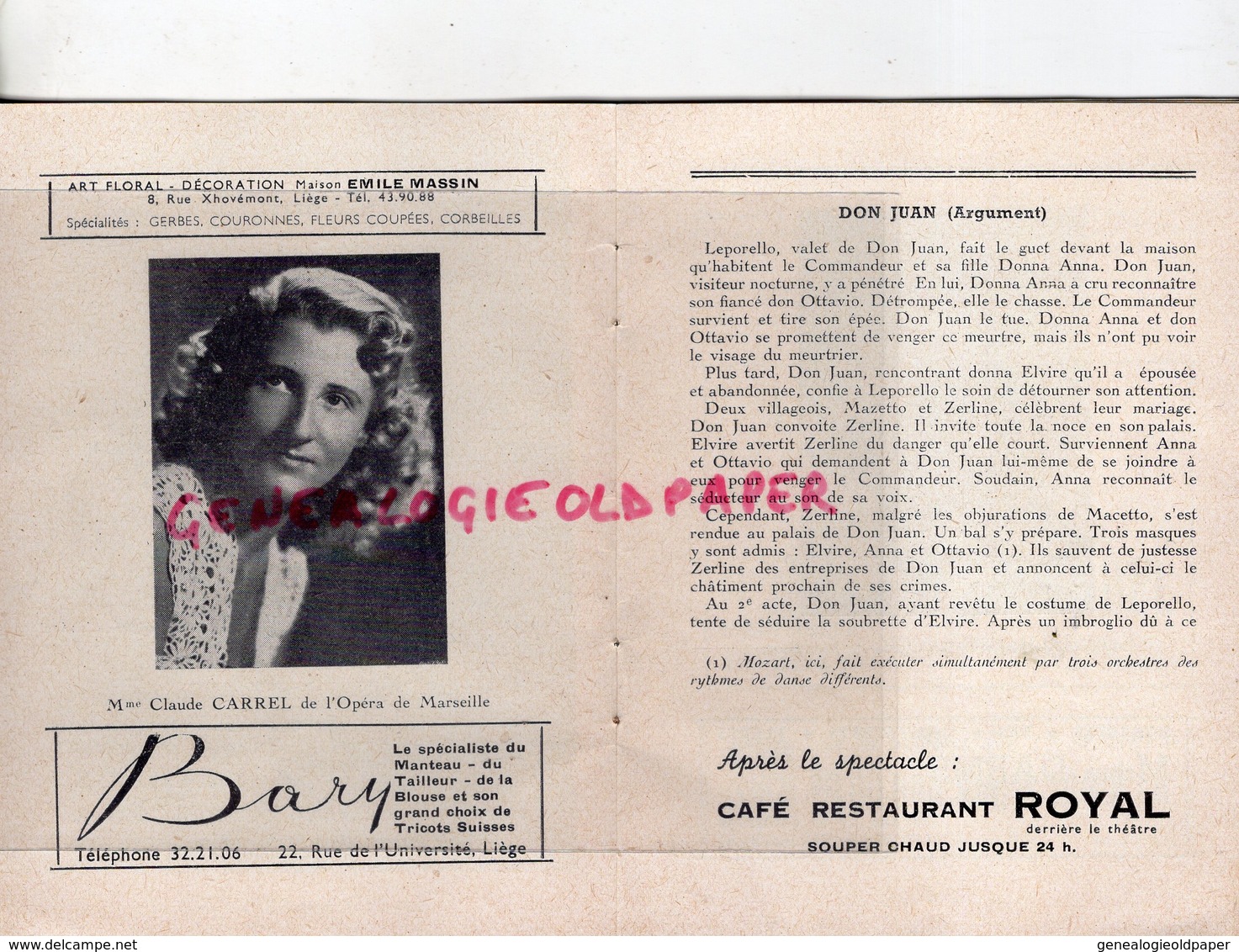 BELGIQUE -RARE PROGRAMME THEATRE ROYAL DE LIEGE-OPERA-LE TROUVERE-1953-BEAUCAIRE-JEAN PERISSON-DON JUAN-JOSE BECKMANS