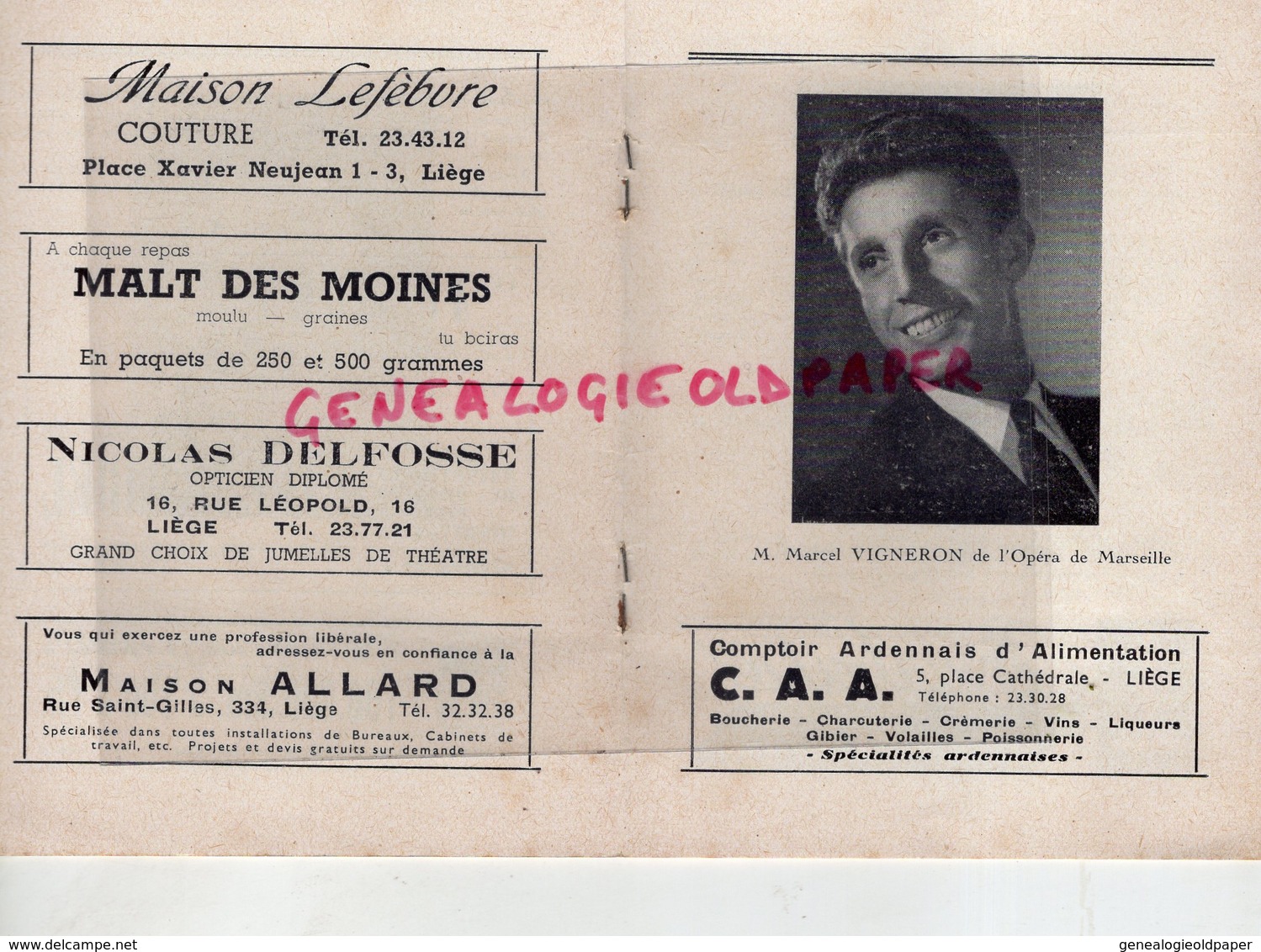 BELGIQUE -RARE PROGRAMME THEATRE ROYAL DE LIEGE-OPERA-LE TROUVERE-1953-BEAUCAIRE-JEAN PERISSON-DON JUAN-JOSE BECKMANS