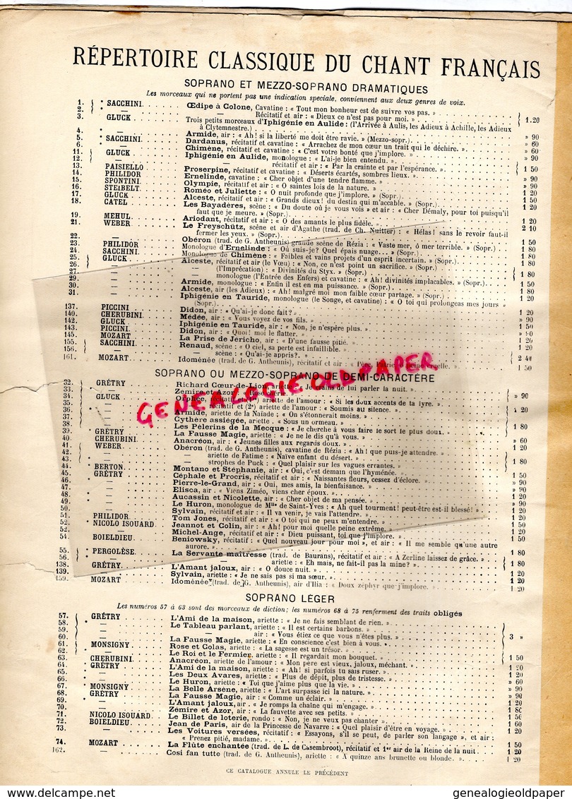 BELGIQUE -BRUXELLES- RARE PARTITION MUSIQUE REPERTOIRE CHANT FRANCAIS FRANCE-PAR GEVAERT-HENRY LEMOINE PARIS-HARPE GLUCK - Partituren