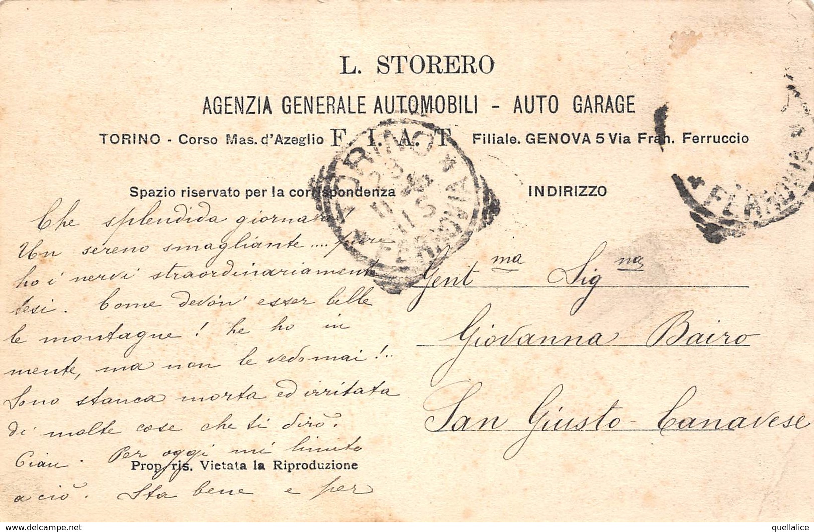 0575 "(TO) ED IN PRINCIPIO IDDIO DISSE F.I.A.T. E LA FIAT FU - L. STORERO-AG. GENERALI AUTOMOBILI". CART  SPED 1906 - Autres & Non Classés