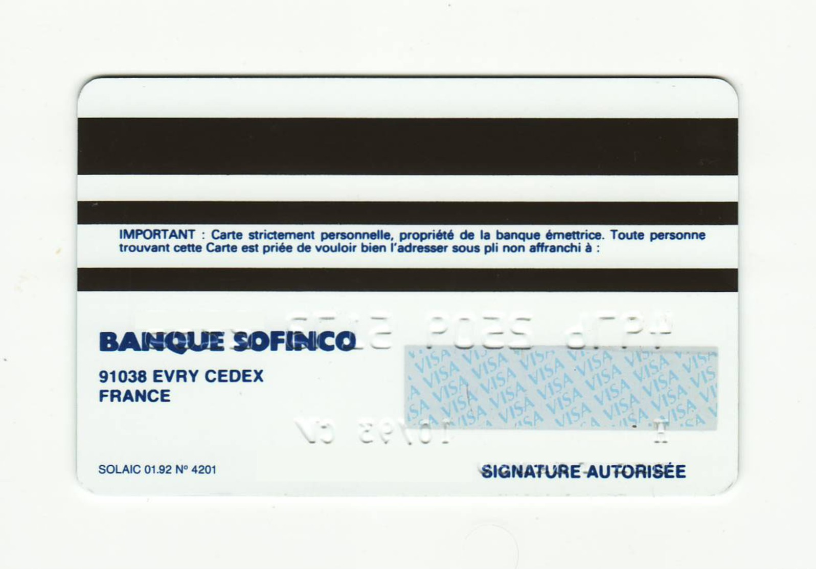 Banque Sofinco FRANCE Carte Bleue VISA Expired 1993 - Credit Cards (Exp. Date Min. 10 Years)