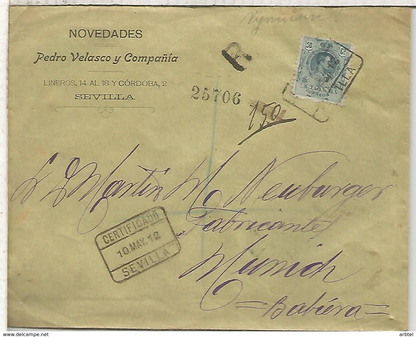 SEVILLA 1912 CC A MUNICH ALEMANIA CERTIFICADA SELLO MEDALLON ALFONSO XIII - Cartas & Documentos