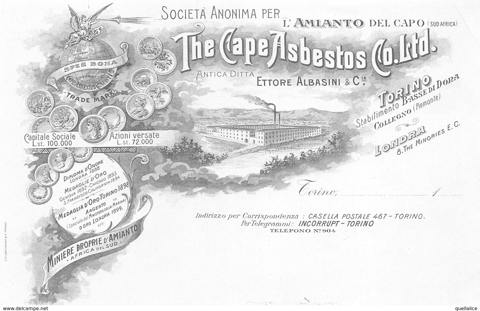 0582 "TORINO - ETTORE ALBASINI & C. - SOC. ANONIMA PER L'AMIANTO DEL CAPO-THE CAPE ASBESTOS CO LTD" BOZZETTO TIPOGRAFICO - Reclame