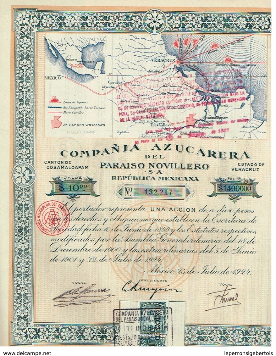 Ancienne Action - Compañía Azucarera Del Paraiso Novillero S.A - Repùblica Mexicana - Titre De 1924 - Industrie