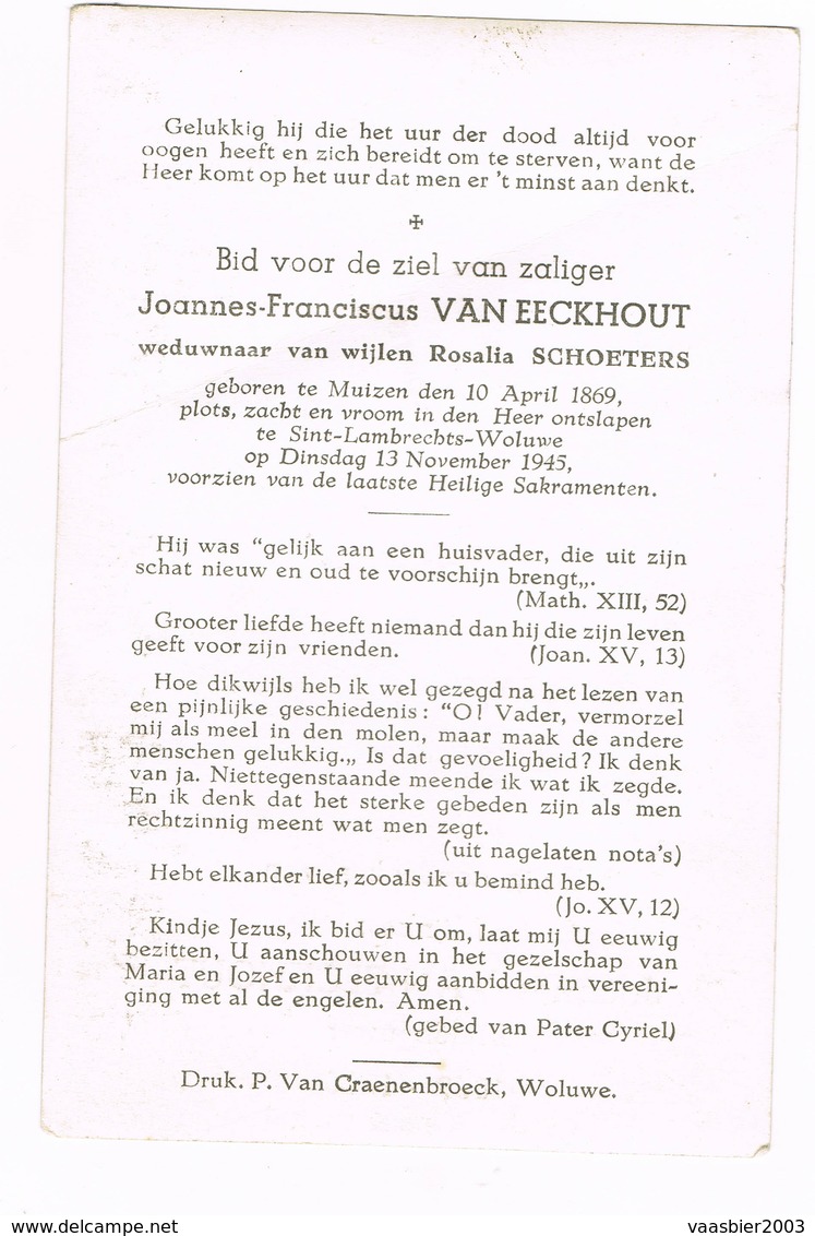 MUIZEN - SINT LAMBRECHTS-WOLUWE ,  Doodsprentje Van Beeldhouwer Joannes VAN EECKHOUT   + 1945 - Religion & Esotérisme