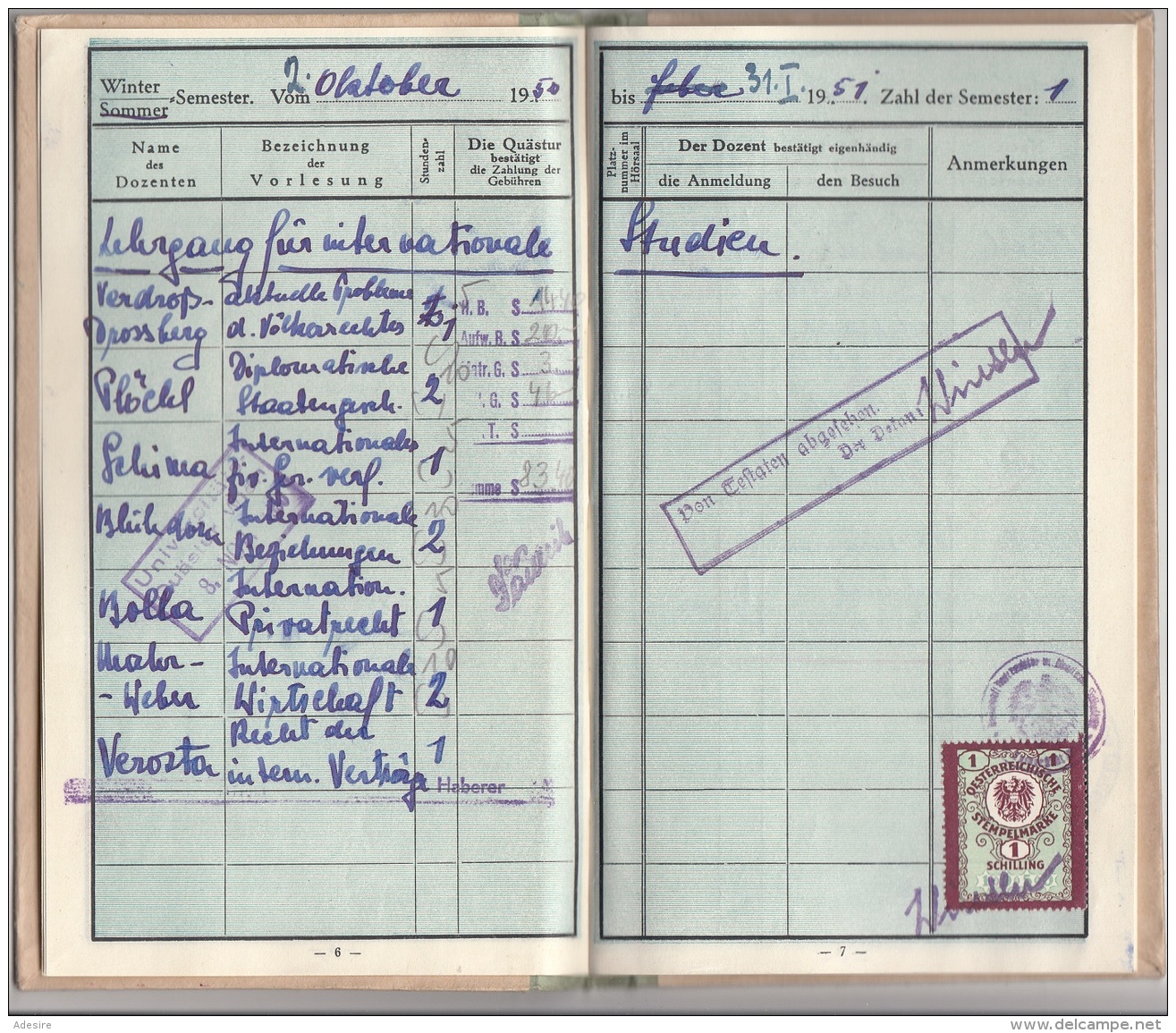 STUDIENBUCH RECHTS U. STAATSWISSENSCHAFTEN 1950 - 40 Seiten, Eintragungen Mit Stempelmarken - Historische Dokumente