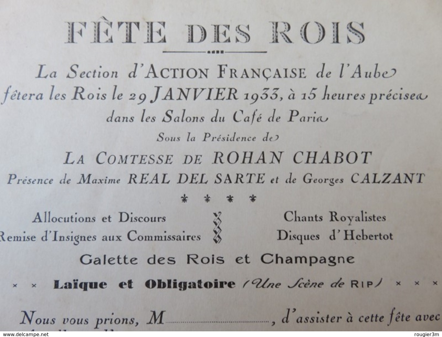 150 - Invitation Royaliste 1933 -  Salons Du Café De Paris - Comtesse Rohan Chabot - Autres & Non Classés