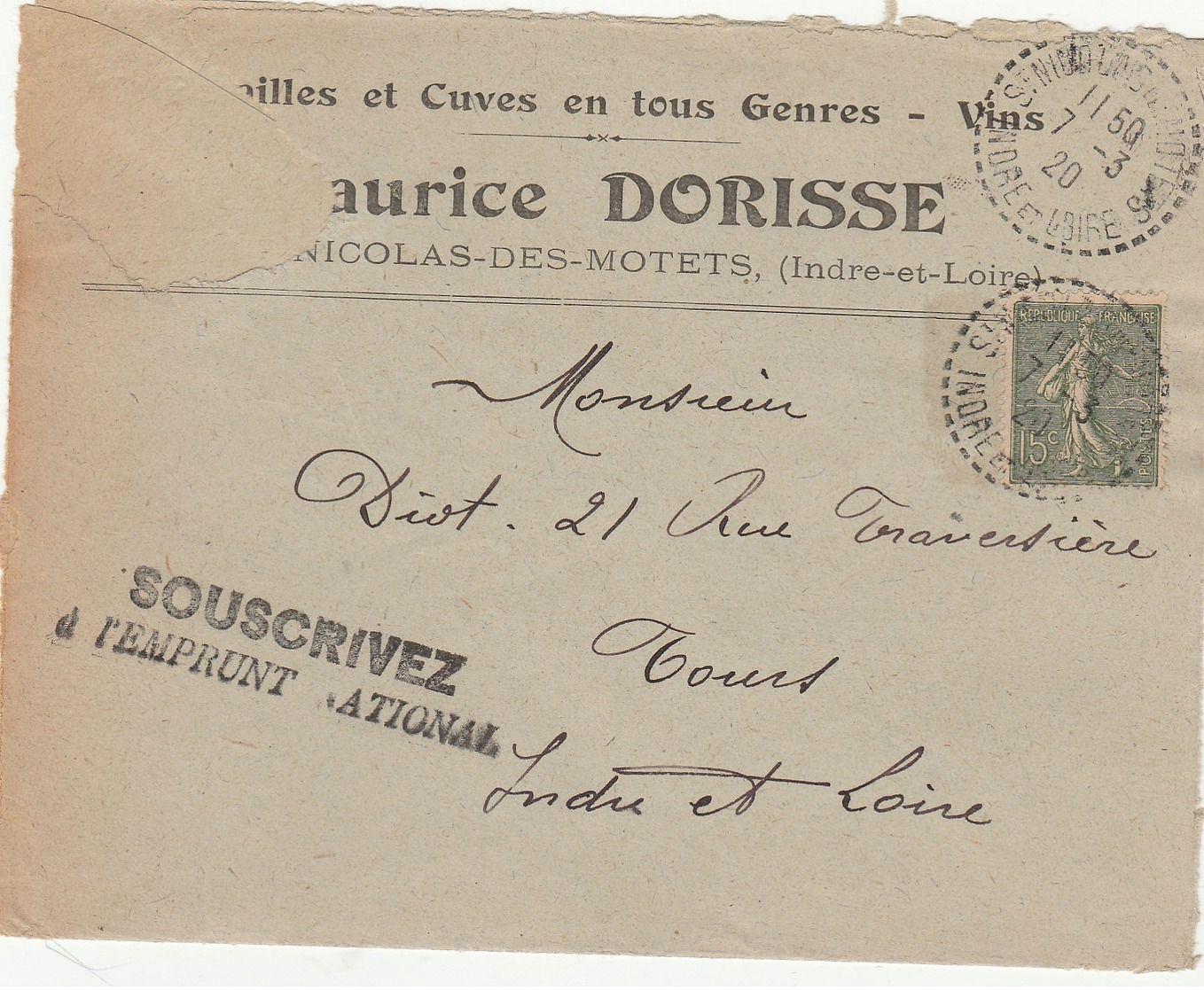 LSC 1920 - Cachet Perlé ST NICOLAS DES MOTETS (Indre Et Loir) Au Dos Cachet Convoyeur Blois à Chateaurenault - 1877-1920: Semi Modern Period