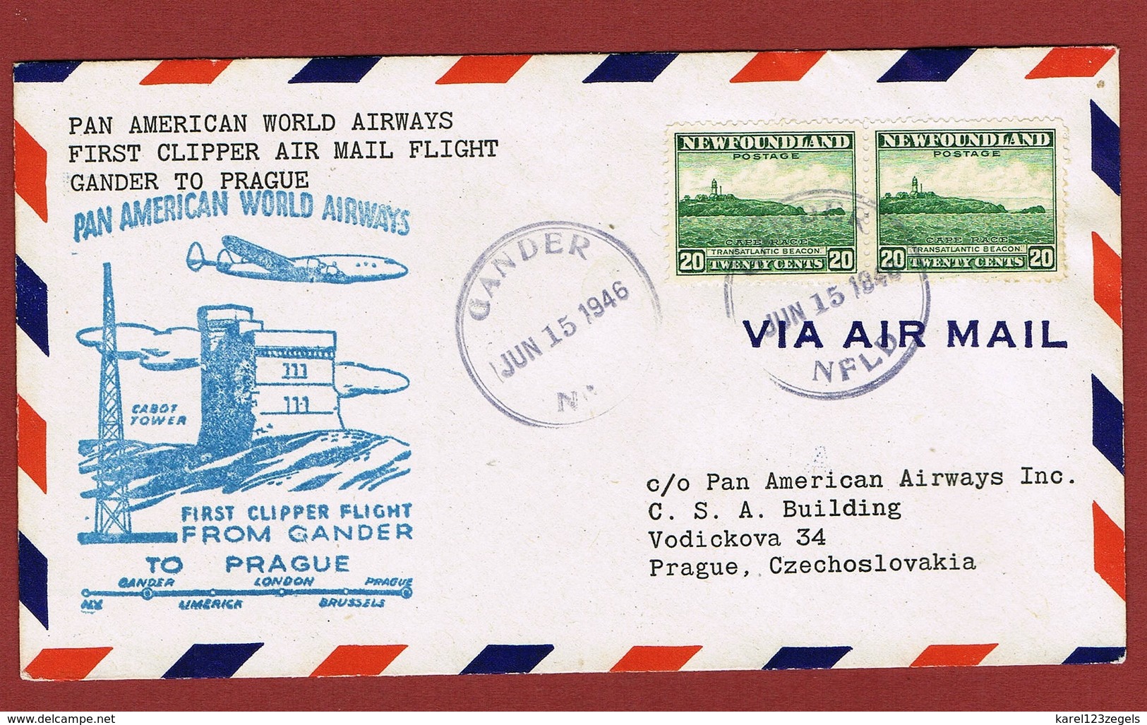 Pan Am First Flight Gander To Prague  June 15, 1946; 2 Scan - Luchtpost