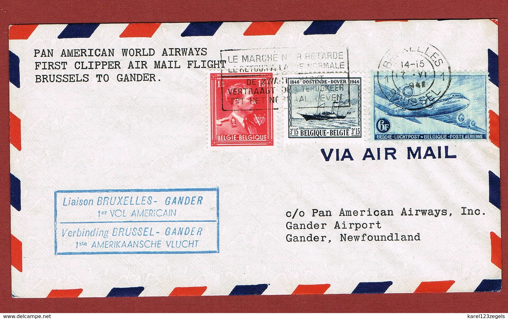 Pan Am First Flight Brussels To Gander  June 17, 1946  ; 2 Scan - Autres & Non Classés