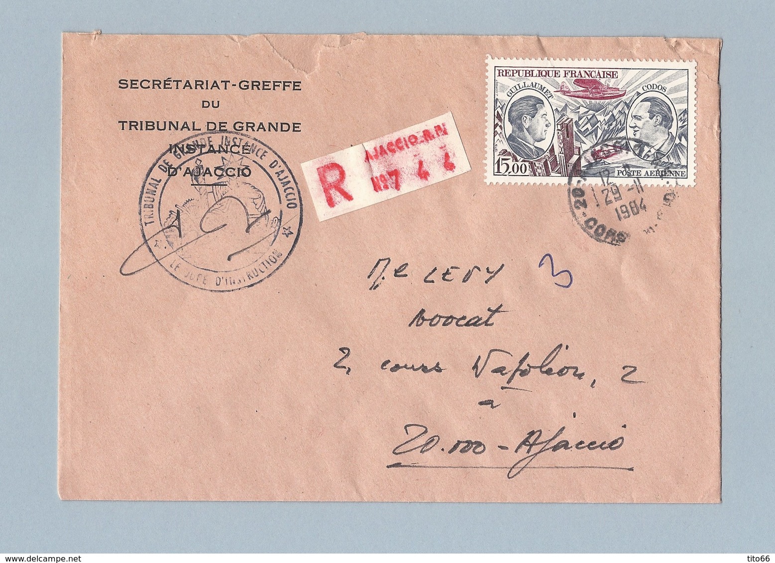 N° 48 Sur Enveloppe Recommandée Secrétariat Greffe TGI D' Ajaccio 29/11/84 - 1960-.... Lettres & Documents