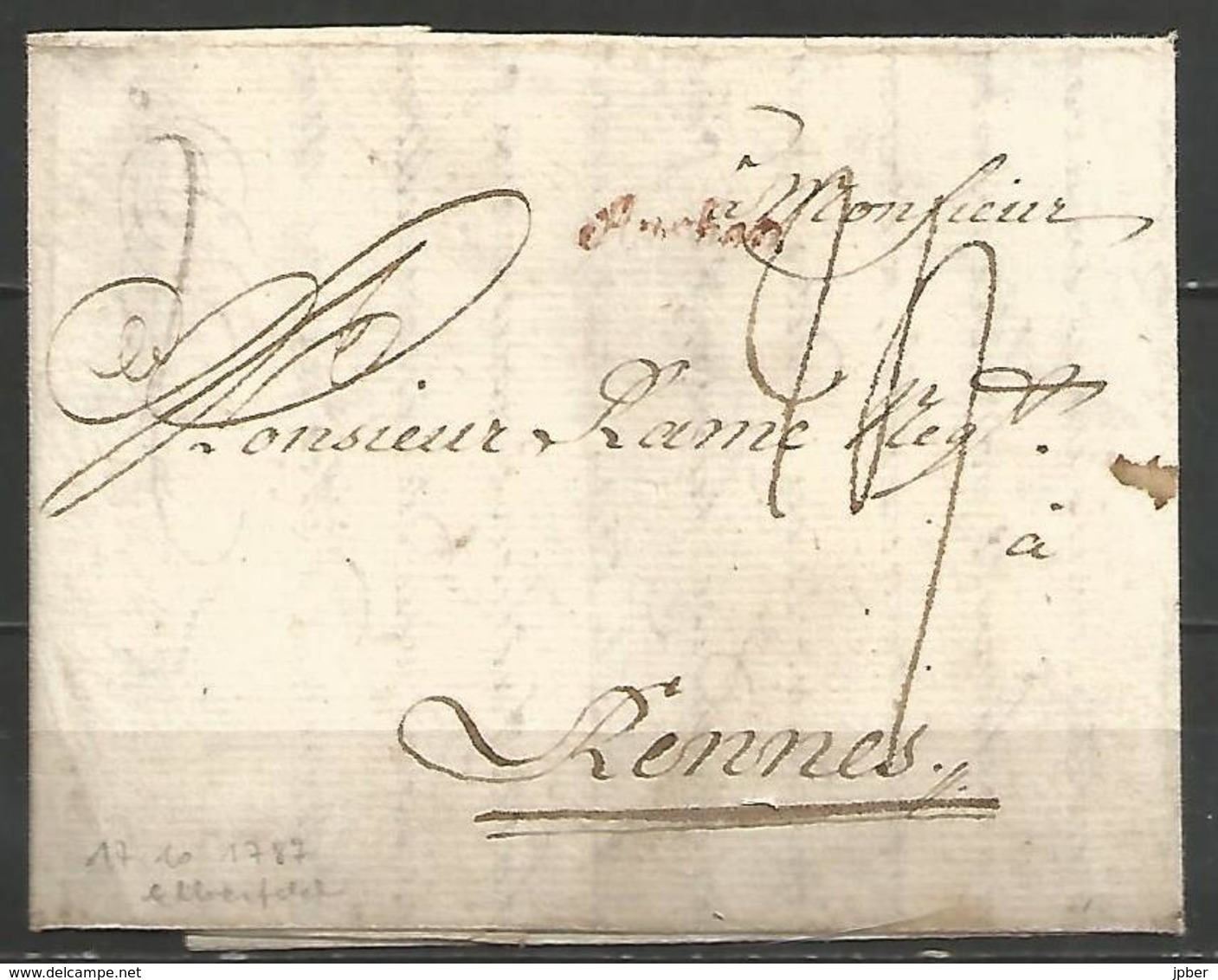 (D079) LAC Datée De Barmen Près D'Elberfeld Du 27/11/1797 Vers Rennes + Petit Cachet Rouge "Aachen" - 1701-1800: Voorlopers XVIII