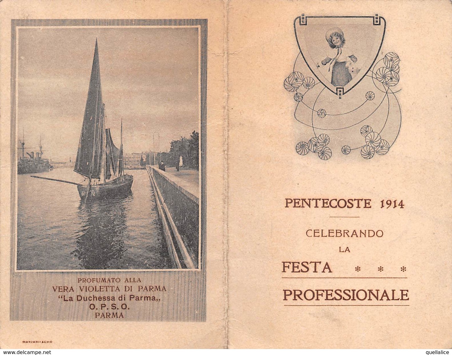 0608 "CALENDARIO - PENTECOSTE 1914 CELEBRANDO LA FESTA PROFESSIONALE - PROFUMATO ALLA VIOLETTA DI PARMA" ORIG - Small : 1901-20