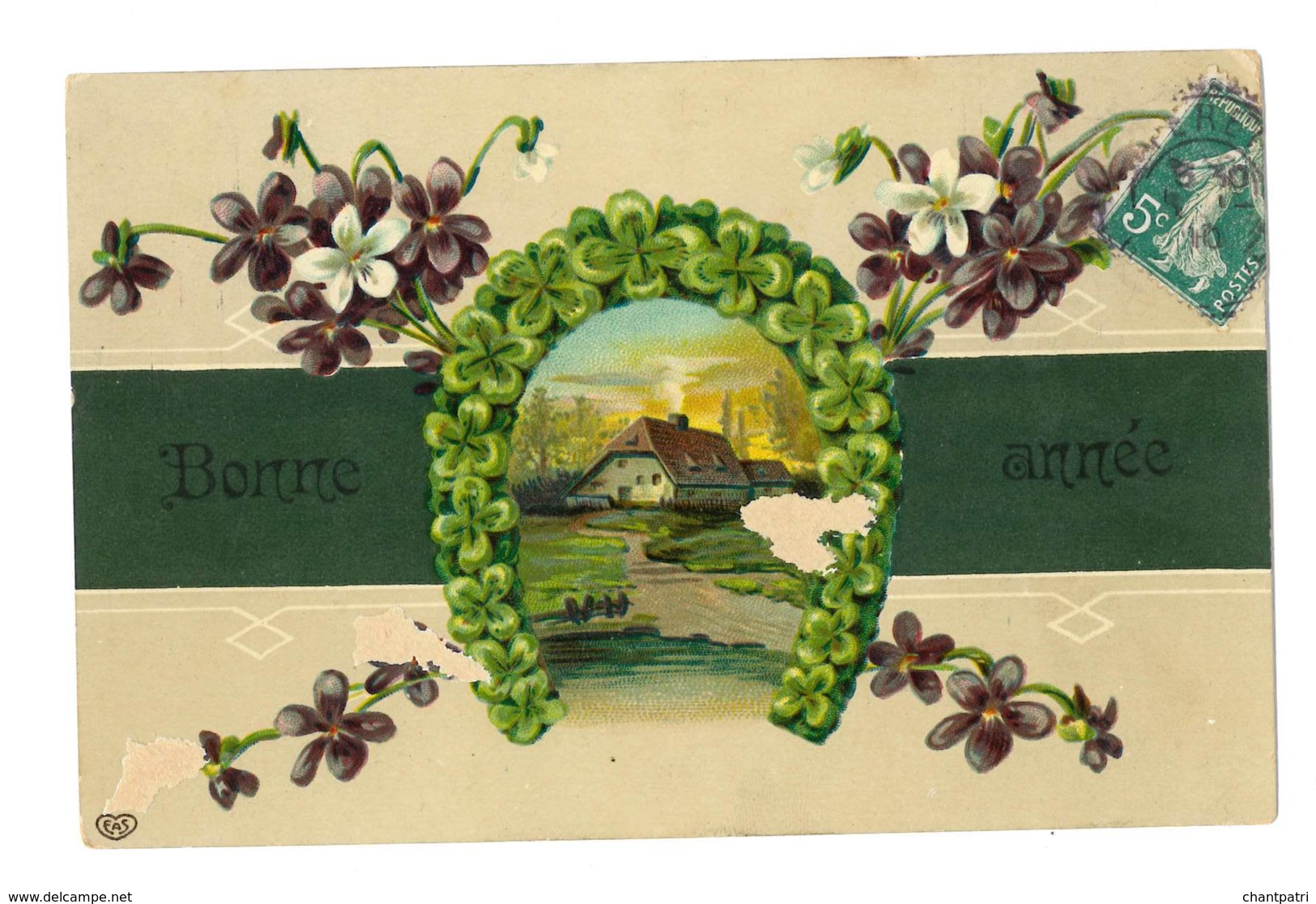 Bonne Année - Maison Dans Fer à Cheval En Trèfles A 4 Feuilles - Violettes - 5018 - Año Nuevo