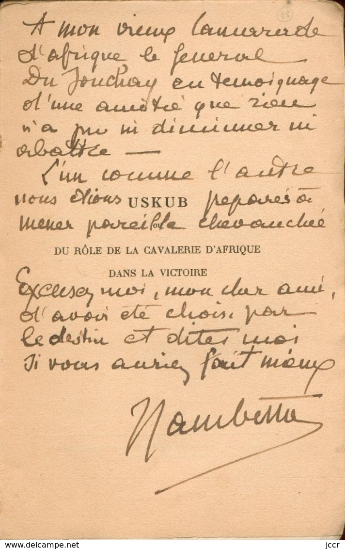 Général Jouinot-Gambetta/Uskub Ou Du Rôle De La Cavalerie D'Afrique Dans La Victoire/Envoi Au Général Du Jonchay/1920 - Französisch