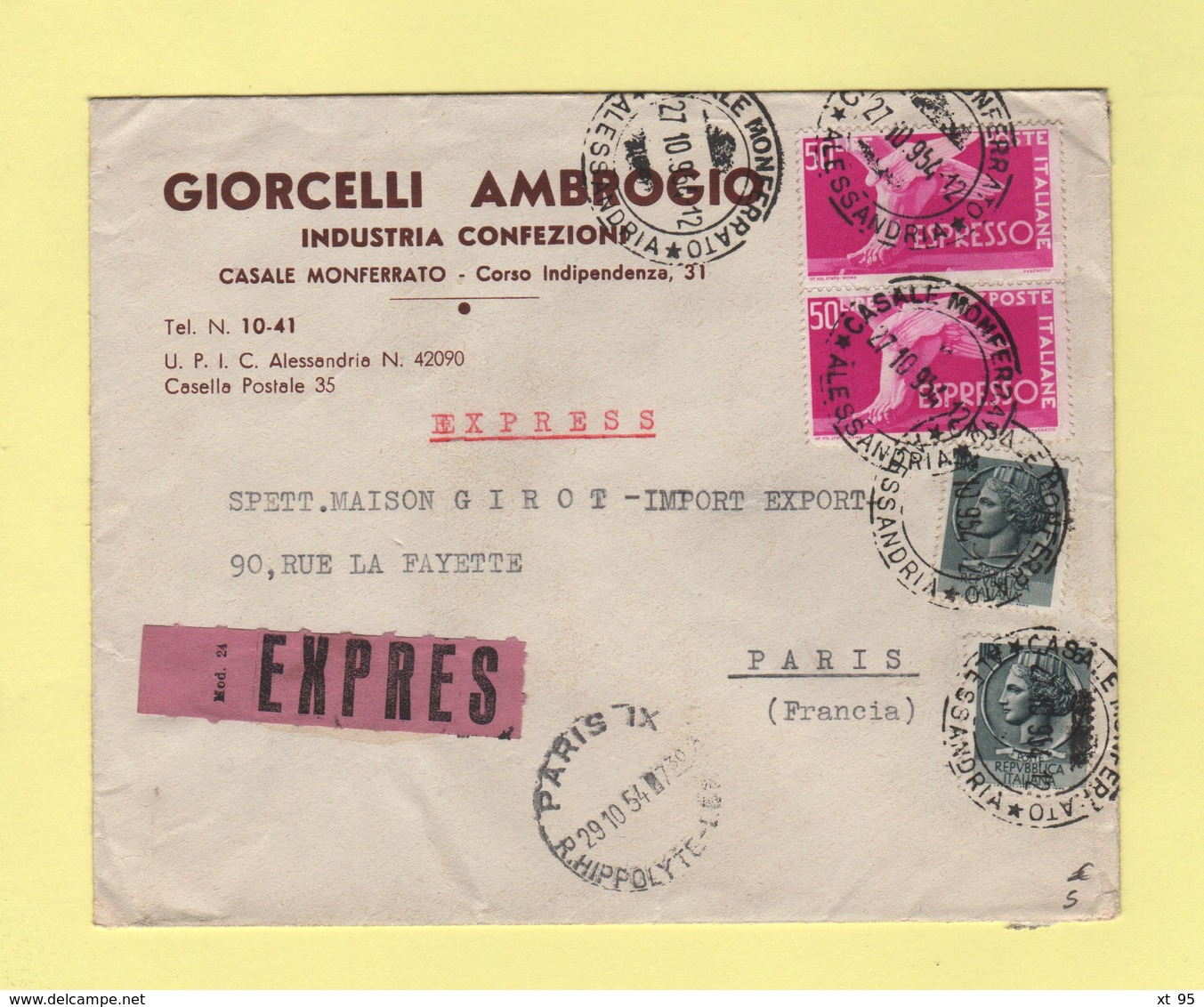 Italie - Casale Monferrato - 1954 - Expres Destination France - Pneumatique - 1946-60: Storia Postale