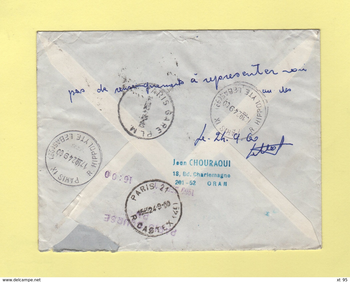 Oran RP - Lettre En Expres Par Avion Pour Paris - 24-9-1960 - Pneumatique - Lettres & Documents